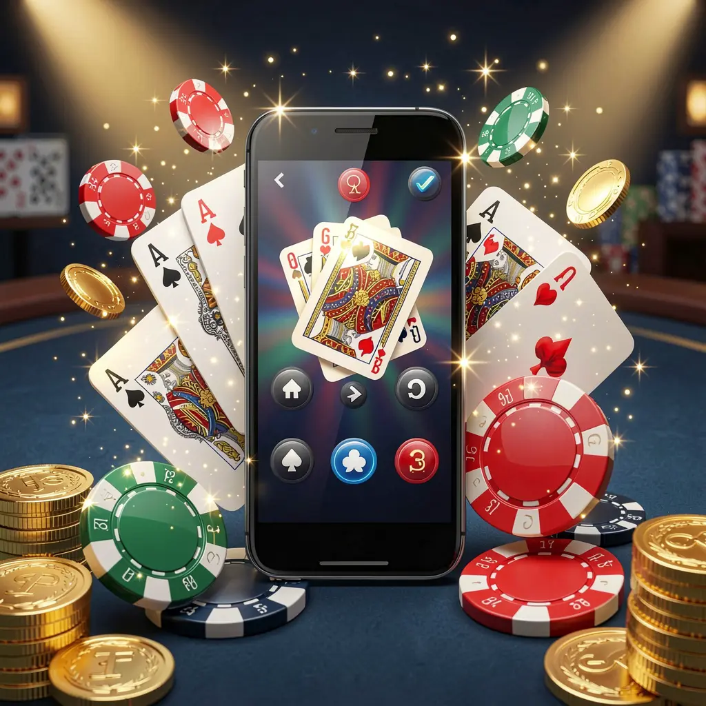 TK8899 mobile gaming application concept showing a smartphone surrounded by playing cards, roulette chips, gold coins, and sparkling lights in a premium casino style TK8899 mobile gaming application concept showing a smartphone surrounded by playing cards, roulette chips, gold coins, and sparkling lights in a premium casino style