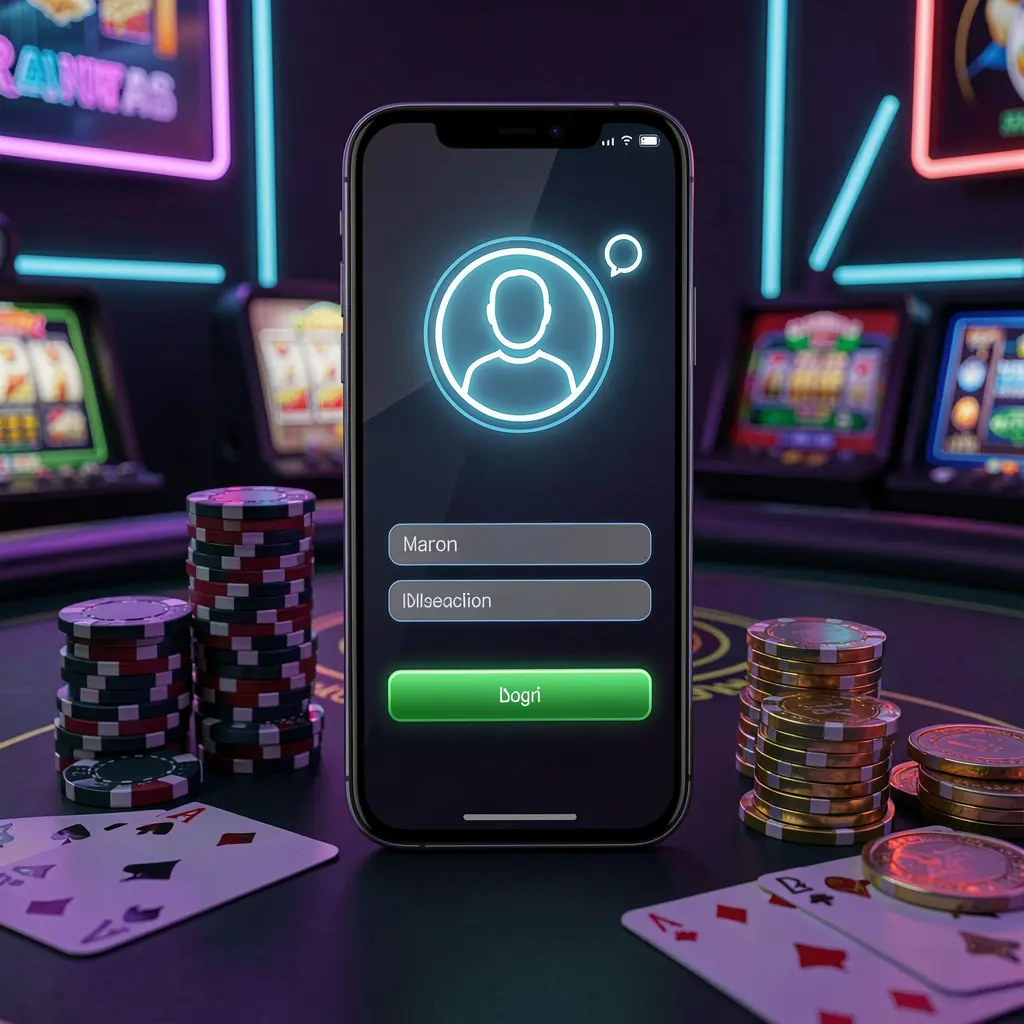 Smartphone displaying the TK8899 casino app login screen with a glowing user profile icon, surrounded by poker chips, playing cards, and coins against an elegant dark background with neon highlights Smartphone displaying the TK8899 casino app login screen with a glowing user profile icon, surrounded by poker chips, playing cards, and coins against an elegant dark background with neon highlights