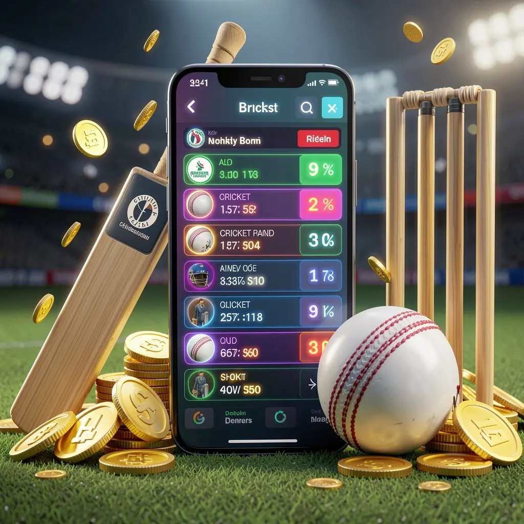 Modern cricket betting scene featuring a smartphone displaying glowing cricket odds interface with cricket bat, ball, wickets, and golden coins surrounding it, showcasing TK8899 brand in a premium 3D illustration