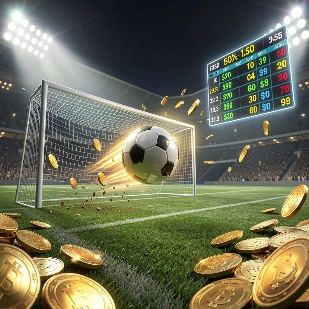 TK8899 premium match betting scene with a soccer ball flying toward the goal under stadium floodlights, glowing odds interface, and golden coins creating a dynamic sports betting atmosphere