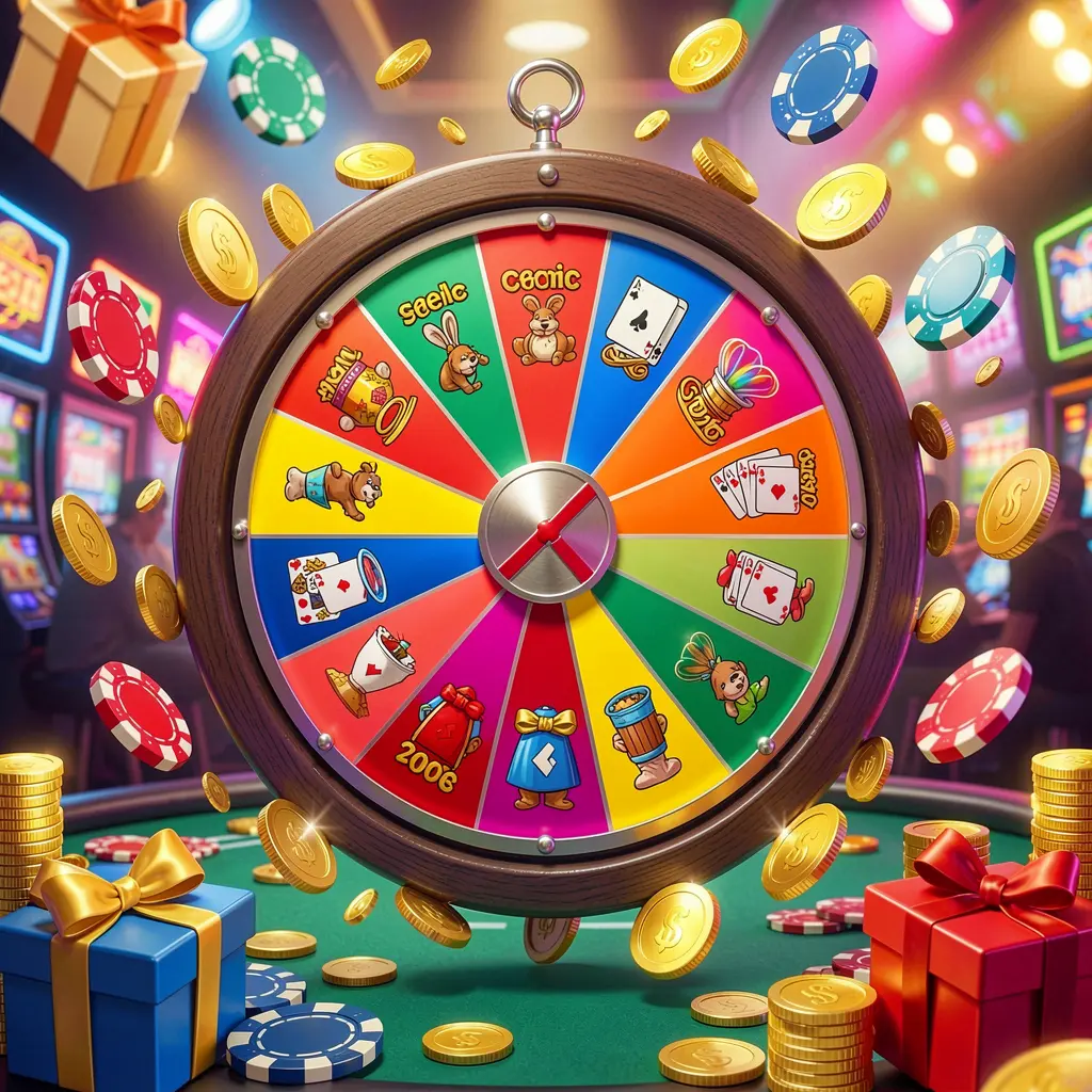 TK8899 casino bonus wheel with colorful prize sections surrounded by golden coins, chips, and gift boxes under bright neon casino lights in a dynamic composition
