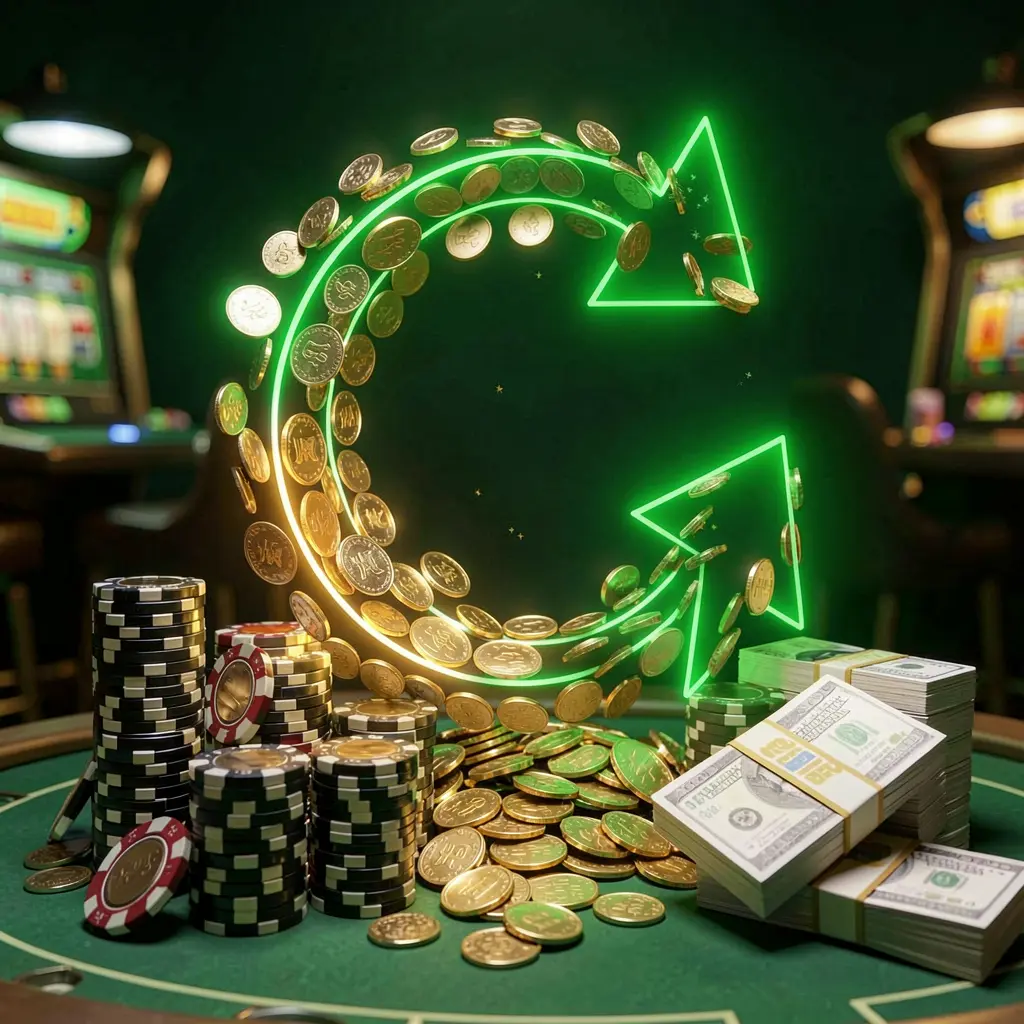 Realistic 3D render of a cashback casino bonus scene featuring coins moving in a circular arrow, stacks of chips, and cash bundles with green and gold glow, representing TK8899 casino bonus