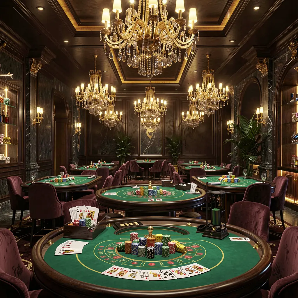 High-end casino lobby with golden lights, roulette tables, chips and cards in an elegant premium design featuring TK8899 branding, set against a dark cinematic background in an ultra detailed 3D render
