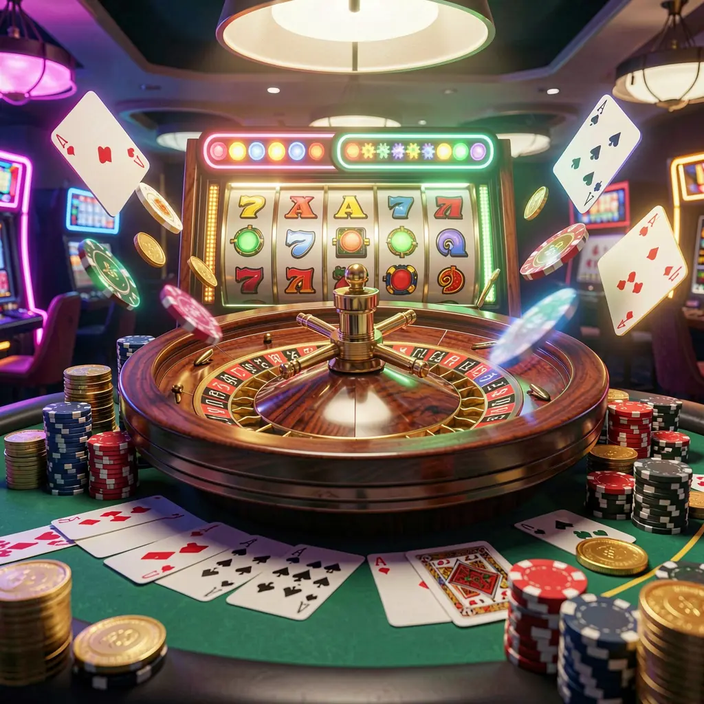 TK8899 casino homepage visual featuring a realistic 3D render of a roulette wheel, poker chips, playing cards, golden coins, and bright neon jackpot lights in a dynamic composition